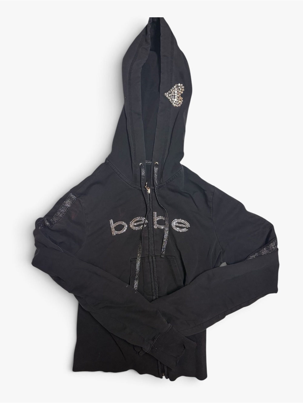 bebe Y2K Rhinestone Logo Zip Hoodie with Heart Accent